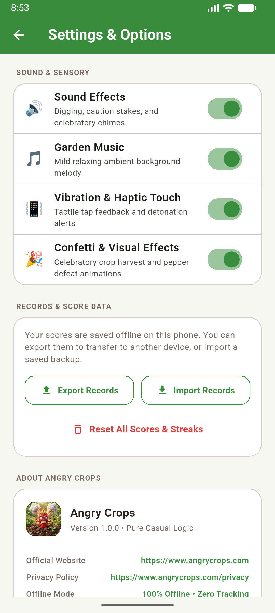 Angry Crops Settings and Data Export